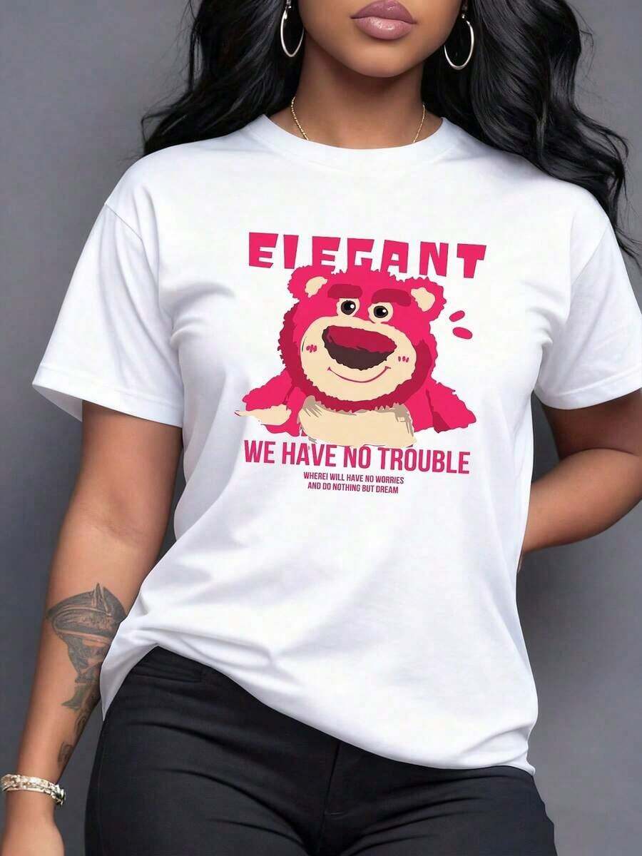 Smiling Pink Teddy Bear That Conveys Optimism And Positive Energy Accompanied By Motivational Phrases About Living Without Worries And Enjoying Life. Casual, Modern And Comfortable Women's T-Shirt, Casual Short Sleeve. - 白色 - 查看 1