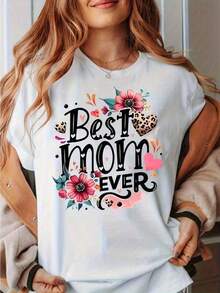 [S-7XL] New Women's Cotton T-Shirt With Floral Print "World's Best Mom" - Soft, Breathable, Lightweight - Crew Neck, Short Sleeve, Casual Style With Vibrant Floral Print And Heart Design, Comfortable Fit For All Seasons, Ideal For Mother's Day Gifts, Casual Wear - Machine Washable. The Best Gift For Mom On Mother's Day. - 白色 - 查看 8
