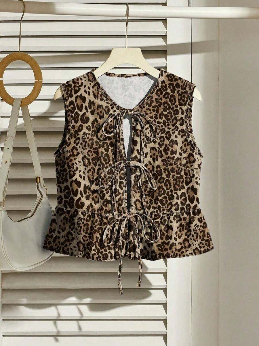 Chaleco casual de mezclilla con lazo, volantes en el bajo, color azul, para mujer - Multicolor - Ver 1