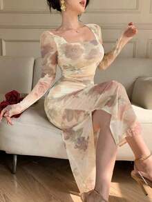 Vestido con estampado floral de primavera y verano, vestido elegante de manga larga transparente con dobladillo de sirena ajustado para festival de música, boda, fiesta, vestido de paseo - Albaricoque - Ver 11