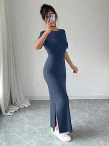 Vestido largo de mujer de manga corta con cuello en V y bajo dividido, de unicolor, vestido maxi elegante de color burdeos, vestido largo ajustado, vestido largo rojo, vestido maxi de manga corta para mujer, vestidos de mujer, vestido largo ajust - Azul marino - Ver 6