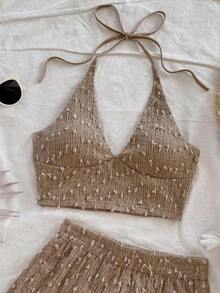 a Conjunto de 2 piezas de top de punto texturizado con escote en V y tirantes finos de color amarillo claro, y shorts, estilo romántico y campestre, bohemio, floral romántico, para vacaciones - Caqui 2 - Ver 5
