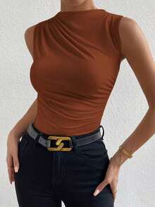 Camiseta sin mangas de corte slim con pliegues de unicolor minimalista para uso diario en verano para mujeres - Marrón Mocha - Ver 7