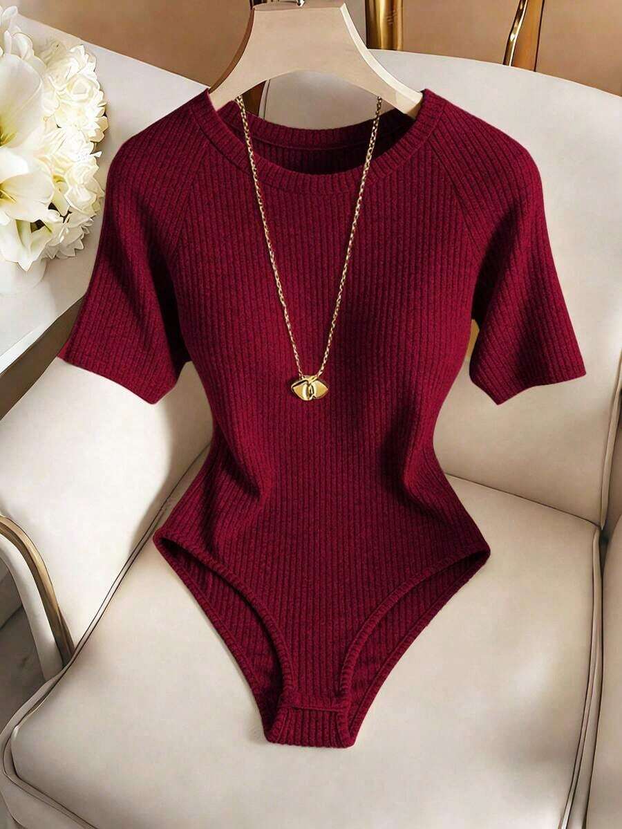 Body elegante y casual para mujer, body de manga corta y cuello redondo para uso diario - Burdeos - Ver 1