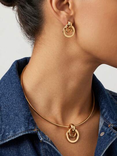 2 Sets Minimalist Double Ring Necklace & Earrings Set, Luxury Geometric Style, Gold-Tone Metal Double Circle Clasp Design, Versatile For Work And Casual Wear