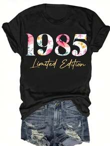 Women's Limited Edition 1985 Floral Letter Print T-Shirt - Casual Crew Neck, Short Sleeve, Machine Washable, Polyester With Vibrant Colorful Design, Women's T-Shirts - 黑色 - 查看 1