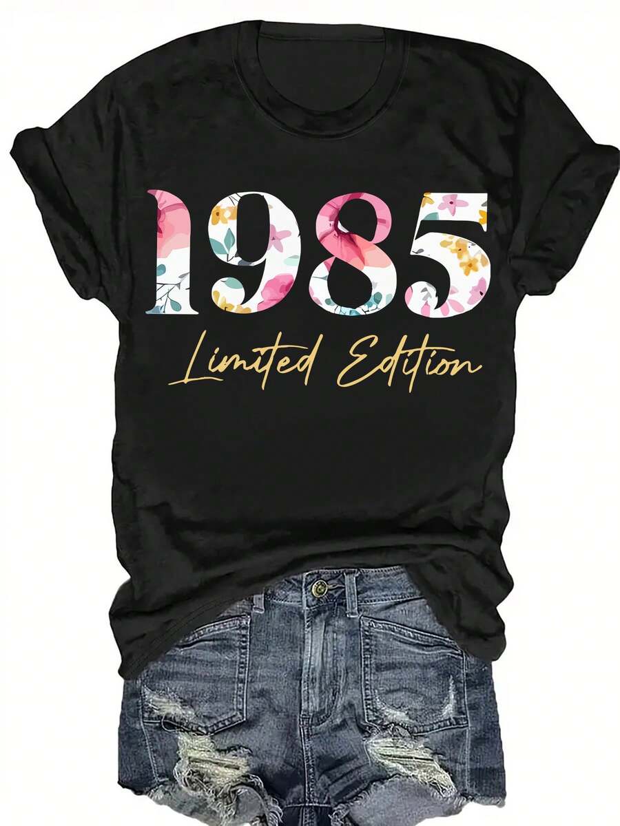 Women's Limited Edition 1985 Floral Letter Print T-Shirt - Casual Crew Neck, Short Sleeve, Machine Washable, Polyester With Vibrant Colorful Design, Women's T-Shirts - 黑色 - 查看 1