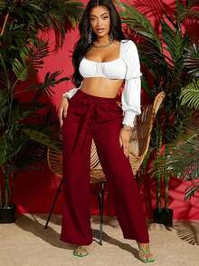 VCAY Pantalones verdes de verano para mujer de pierna ancha con cordón a la cintura - Burdeos - Ver 4