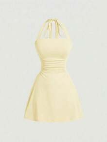 Vestido de mujer de unicolor con escote halter y cintura en línea A - Amarillo claro - Ver 6