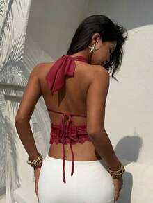 Nuevo Camisol de Mujer con Cuello Halter, Espalda Descubierta y Tirantes con Lazo, Diseño de Encaje y Parches, Adecuado para Vacaciones y Playa - Burdeos - Ver 2