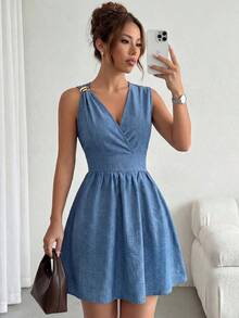 Vestido elegante de cuello en V, cintura ajustada y sin mangas, para verano - Azul - Ver 6