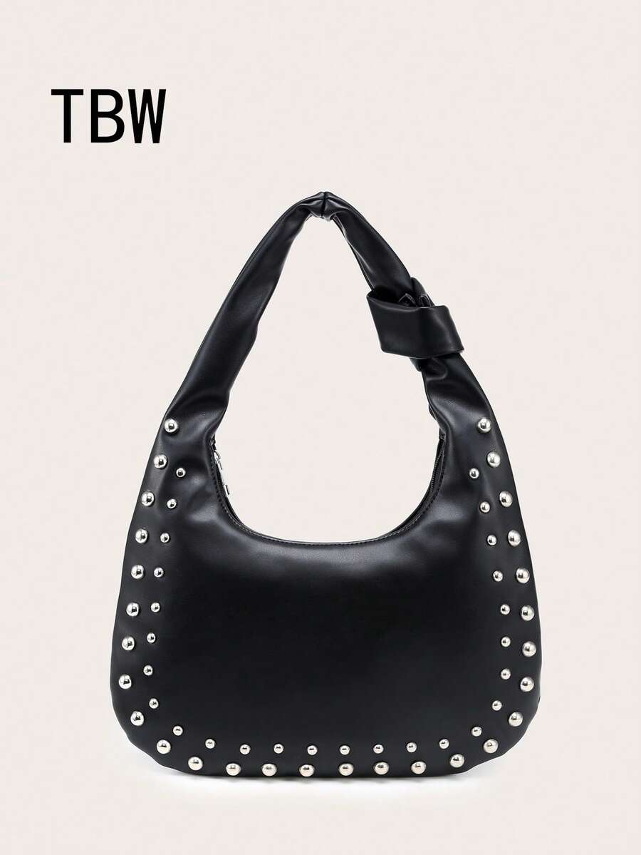 Tas Bahu Bulan Sabit Wanita, Bahan PU, Kapasitas Besar, Dekorasi Kancing, Gaya Vintage, Cocok Untuk Bepergian dan Jalan-jalan - Hitam - View 1