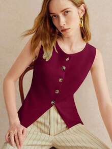 Blusa de punto sin mangas con botones delanteros de unicolor para uso casual y de oficina para mujeres - Rojo violeta - Ver 3