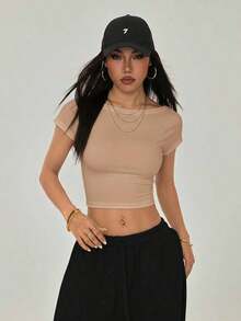 Camiseta negra con espalda abierta, adecuada para talla pequeña, para verano - Caqui - Ver 7