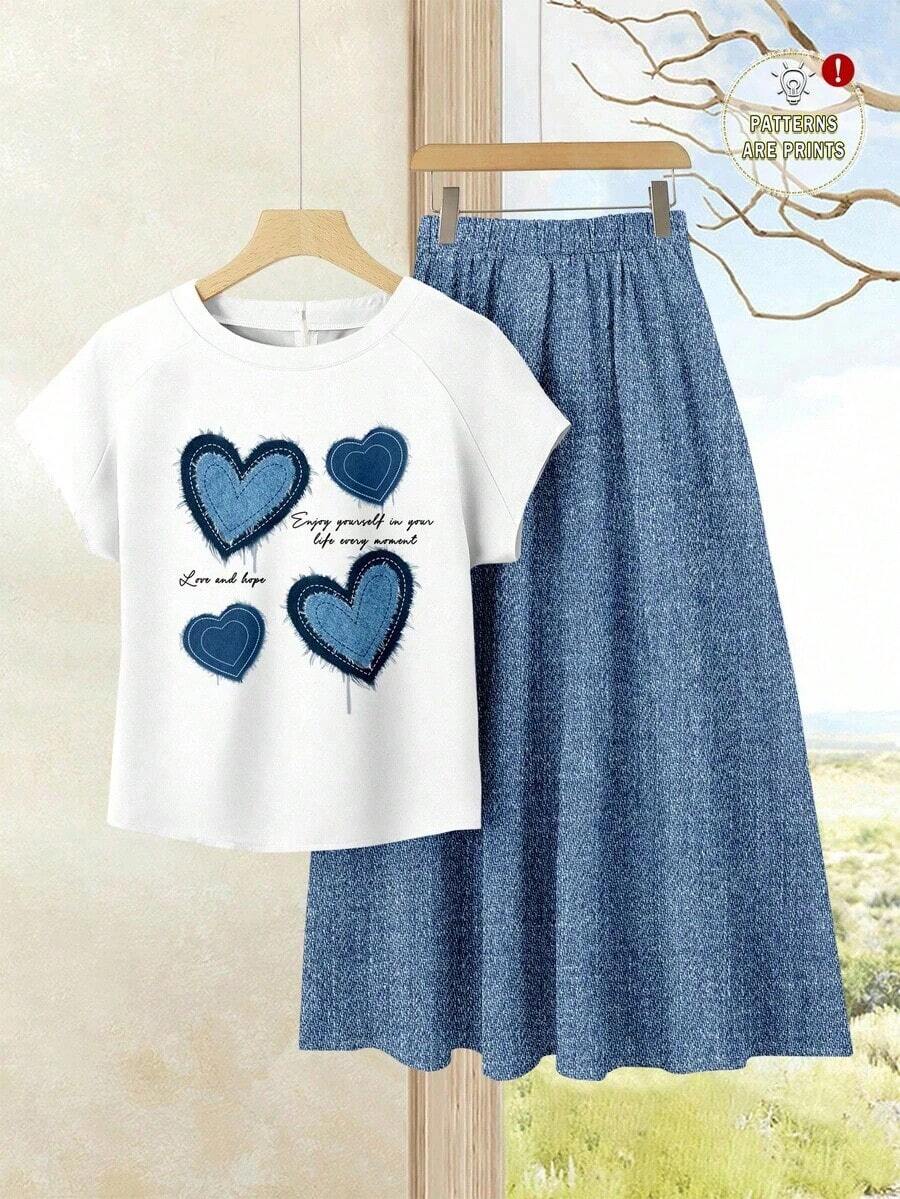 2 piezas Conjunto de top casual de unicolor + falda estampada para vacaciones de mujer, Conjunto de ropa de verano para mujer, Conjunto de falda de verano, Conjunto de falda y top, Conjunto de falda y top para mujer, Conjunto de falda estampada - Multicolor 9 - Ver 1