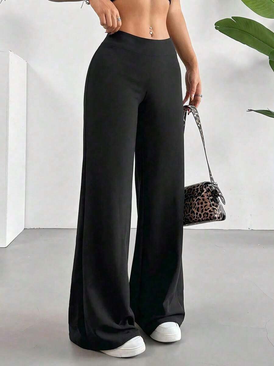 s de pierna ancha de unicolor versátil y casual para primavera - Negro - Ver 1
