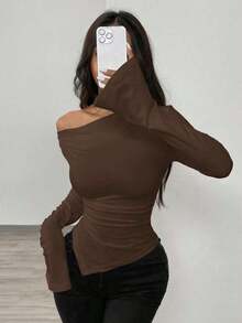 Suéter de invierno para mujer con escote pronunciado, se puede usar con cuello asimétrico, bajo asimétrico, top de punto. - Marrón - Ver 4