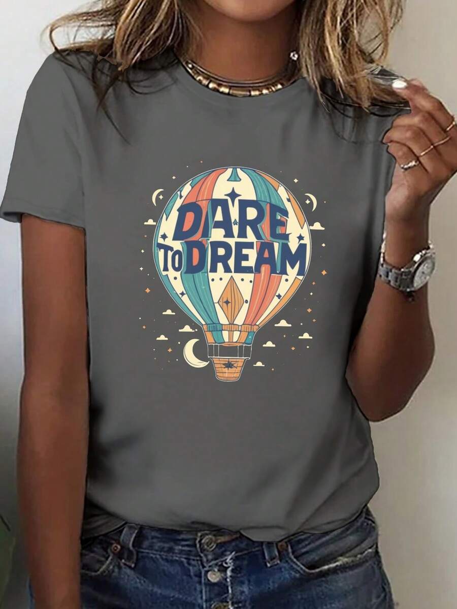 Women's Short Sleeve T-Shirt With Inspirational Hot Air Balloon Print, Casual Crew Neck, 100% Polyester Knit Fabric, Geometric Pattern, All Season Clothing, 180gsm - Summer And Spring Fashion - 深灰色 - 查看 1