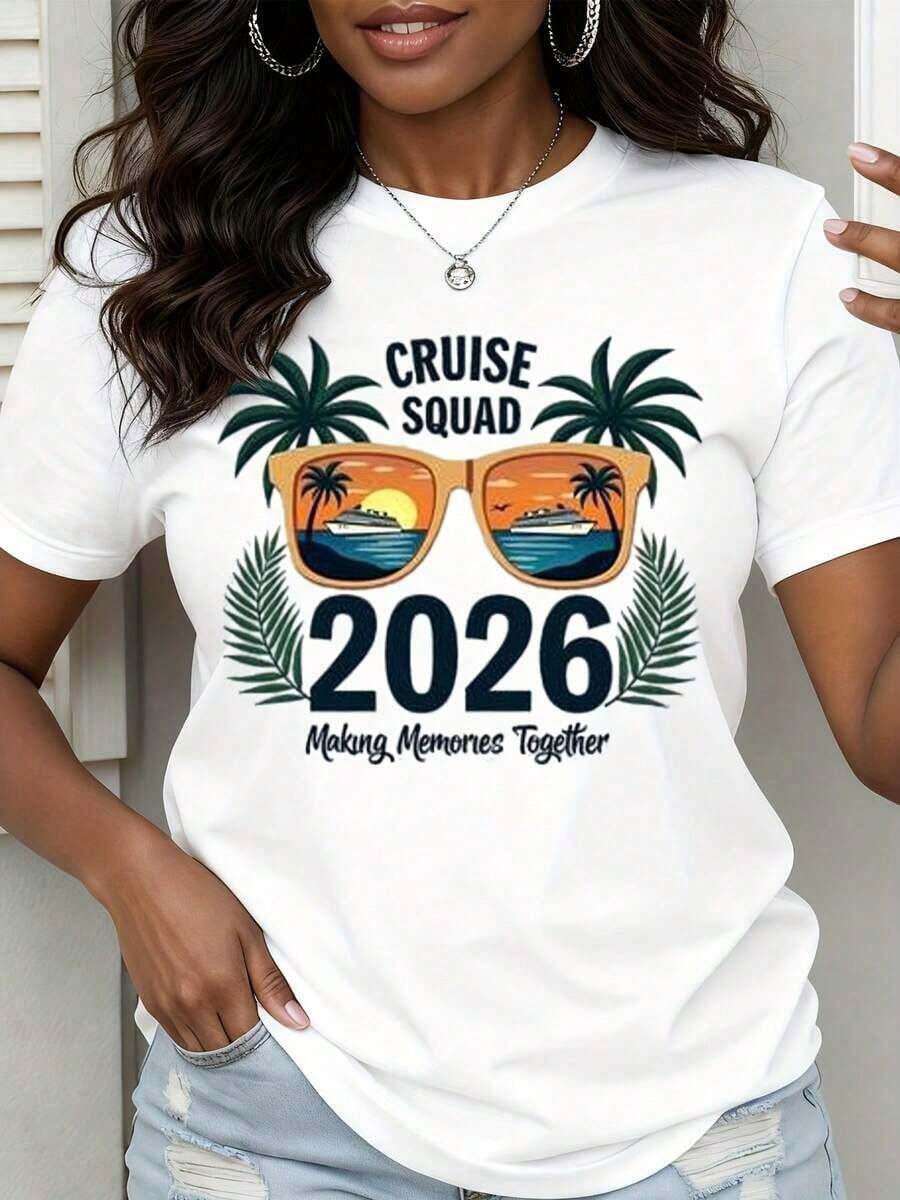 1 Piece Cruise Squad 2026 "Creating Memories Together" T-Shirt With Sunglasses And Palm Tree Print, Women's Summer Vacation Souvenir Gift For Group Travel, 180g, 100% Cotton. - 白色 - 查看 1