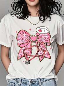 1 Piece Of Women's Round Neck T-Shirt With Nurse Bow Print, Stethoscope And Heart, Short Sleeve, Casual Wear For Daily Life And As A Gift, 180g, 100% Cotton. - 白色 - 查看 1