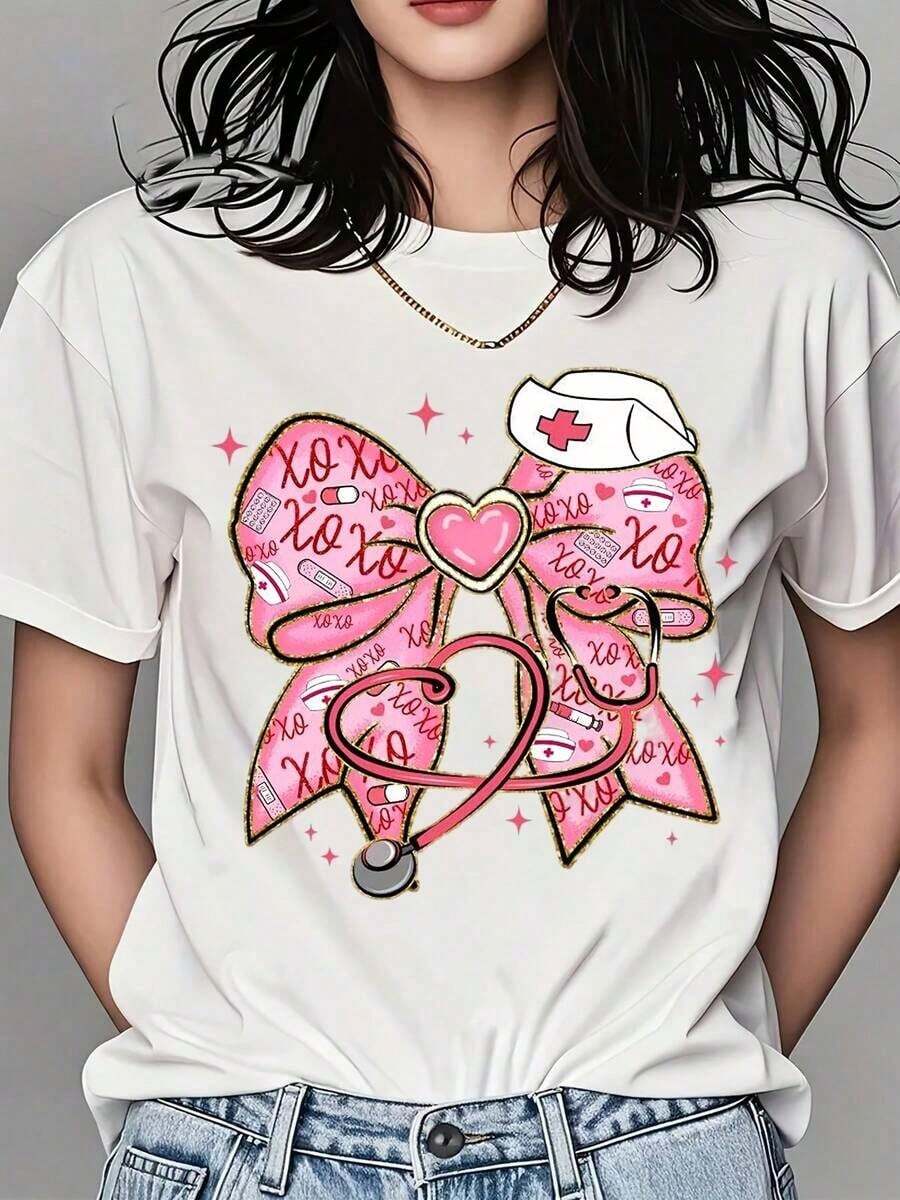 1 Piece Of Women's Round Neck T-Shirt With Nurse Bow Print, Stethoscope And Heart, Short Sleeve, Casual Wear For Daily Life And As A Gift, 180g, 100% Cotton. - 白色 - 查看 1
