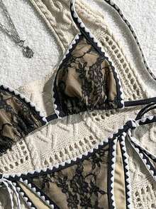 Conjunto de bikini de 2 piezas para mujer de verano con tela jacquard de unicolor, volantes en el borde y tirantes ajustables - Negro - Ver 2