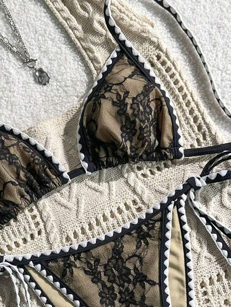 Conjunto de bikini de 2 piezas para mujer de verano con tela jacquard de unicolor, volantes en el borde y tirantes ajustables - Negro - Añade 2