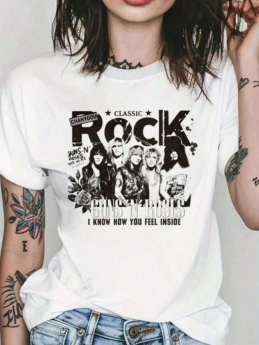 1 pcsCamisetas de mujer Rock Clásico Guns N Roses Camiseta unisex de cuello redondo y manga corta Adecuado para regalos, reuniones festivas y comidas180g 100% CottonPure-Cotton - Blanco - Ver 1