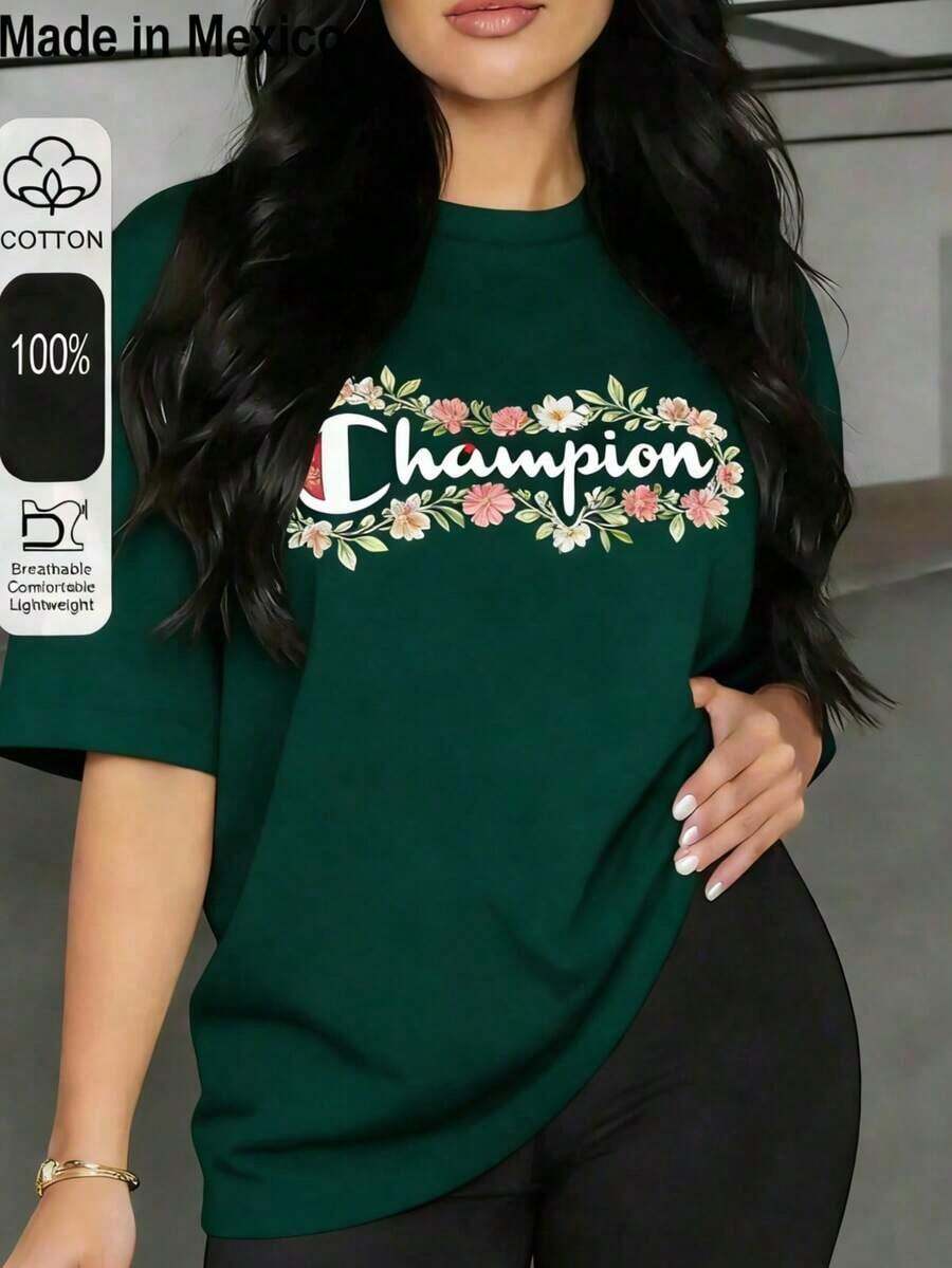 Women's Graphic T-Shirt | Women's Basics | Champion Black T-Shirt | 100% Pure Cotton | Soft And Comfortable | Perfect For Everyday Wear And Gifts | White Crew Neck T-Shirt | Made And Shipped In Mexico | Unisex Style - 深綠色 - 查看 1