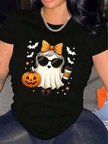 Women's Casual Short Sleeve Halloween T-Shirt, 1 Piece, 100% Heavy Cotton - Comfortable Round Neck, Soft And Adorable Loose And Comfortable T-Shirts - 黑色 - 查看 7