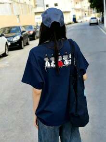 Women's Casual Cotton T-Shirt, Short Sleeve And Round Neck, With A Cute Print On The Back, Perfect For Everyday Wear, Regular Length, With Moderately Elastic Fabric, Cute And Casual Style. - ネイビーブルー - 查看 6