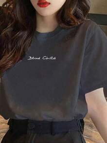 Made In Japan, Spring/Summer Cotton Short Sleeve T-Shirt, Round Neck, Loose Fit, Versatile, With Simple English Letter Print - Dark Grey - View 1