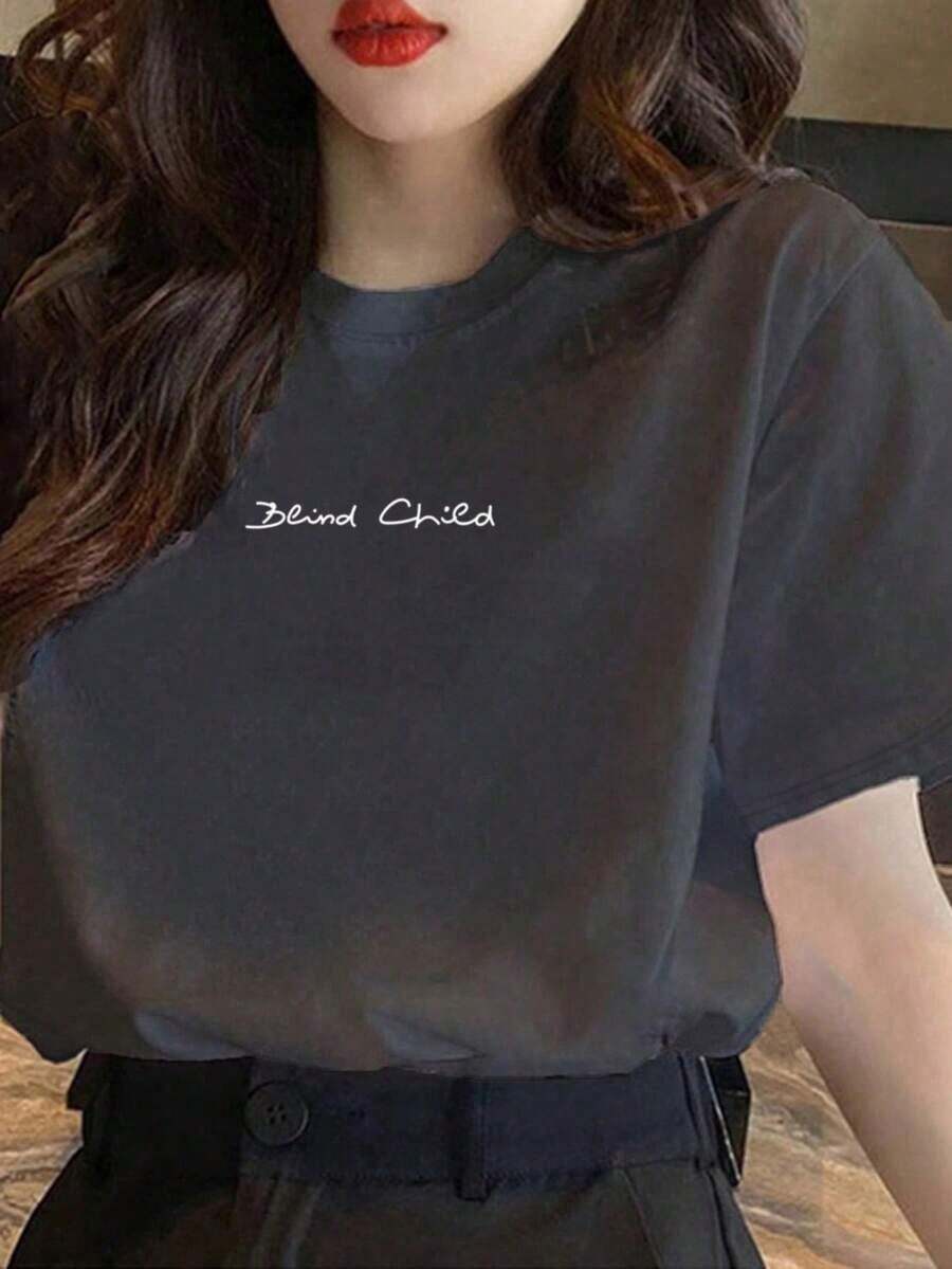 Made In Japan, Spring/Summer Cotton Short Sleeve T-Shirt, Round Neck, Loose Fit, Versatile, With Simple English Letter Print - Dark Grey - View 1