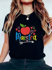 Playera para Mujer, Manga Corta, Cuello Redondo, Cómoda para Ir a la Playa, Salir con Amigas o Quedarse en Casa, Estilo Minimalista - Negro - Ver 1
