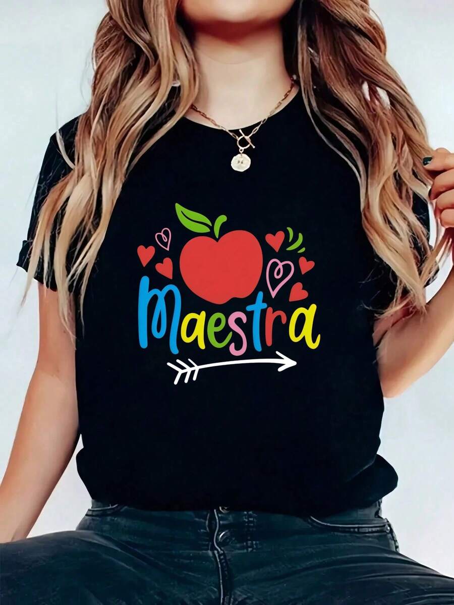 Playera para Mujer, Manga Corta, Cuello Redondo, Cómoda para Ir a la Playa, Salir con Amigas o Quedarse en Casa, Estilo Minimalista - Negro - Ver 1