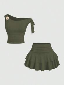 Conjunto de top de tirantes y minifalda plisada y con decoración de flores metálicas para mujer, ideal para el verano - Verde militar - Ver 9