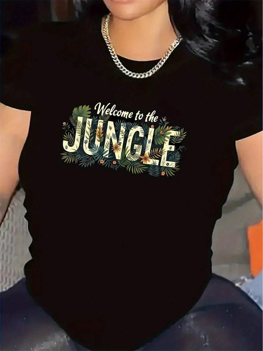 Camiseta retro rock para mujer con estampado de letras "Welcome to the Jungle", manga corta, estilo callejero europeo y americano, top fresco de cuello redondo, nueva colección primavera/verano 2026. - Negro - Ver 1