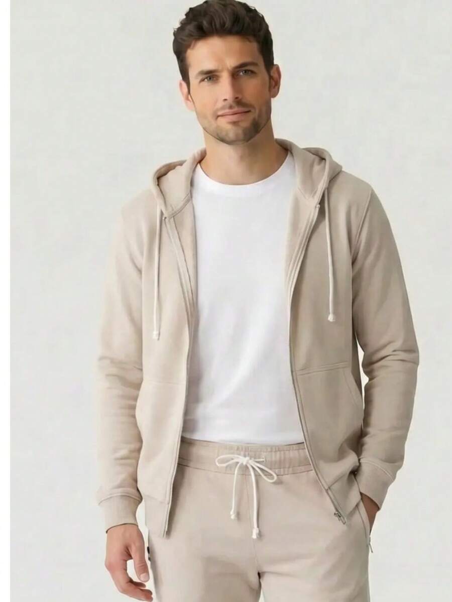 Men's French Terry Hooded Zip-Up Sweatshirt, Finished With Ribbed Cuffs And Hem, Available Sizes XS–8XL, Perfect For Spring, Summer And Fall - Beige - View 1