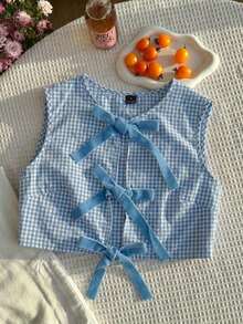 Camisa de mujer tejida a cuadros rosas con raíz de loto - Azul - Ver 3