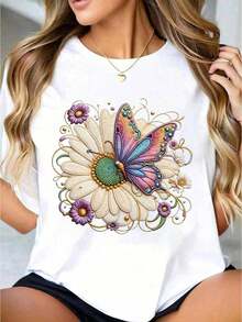 1 camiseta blanca para mujer con estampado de mariposas y flores, cuello redondo, camiseta casual de algodón, tejido de punto de elasticidad media, corte regular para damas, tallas S-XXXL. - Blanco - Ver 1