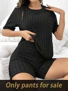 Pantalones cortos de estar en casa de mujer de unicolor acanalado y ajustado, pantalón de estar en casa negro - Negro - Ver 6