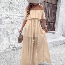 Holidaya Women's Off Shoulder Swiss Polka Dot High Slit Dress Maxi Vacation Beach Outfit - Albaricoque - Ver 1