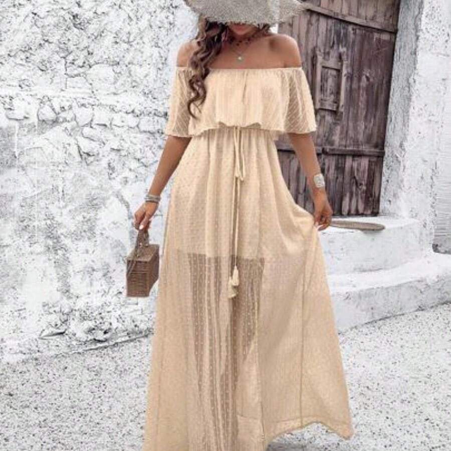 Holidaya Women's Off Shoulder Swiss Polka Dot High Slit Dress Maxi Vacation Beach Outfit - Albaricoque - Ver 1