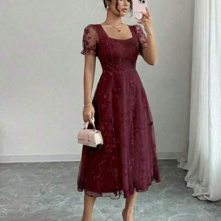 Women's Floral Embroidered Mesh Petal Sleeve Elegant Dress - Burdeos - Ver 1