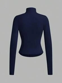 Chaqueta de manga larga de punto ajustada con protección solar para mujer en otoño/invierno, color albaricoque - Azul marino - Ver 2