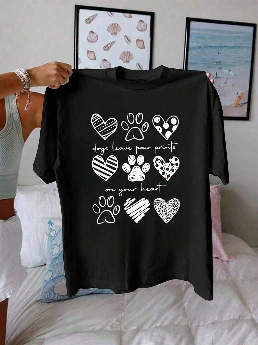 Women's Casual Crew Neck T-Shirt With Dog Paw Print And Hearts, Knit Fabric, Regular Length, Short Sleeve For All Seasons - Unisex Cotton T-Shirt, Loose Fit, Comfortable, Urban Vintage Style. Suitable For Spring, Summer, And Autumn. - 黑色 - 查看 1