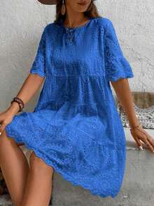 Vestido casual de vacaciones de unicolor con bordado calado para mujer - Amarillo claro - Ver 5
