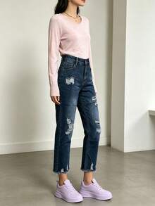 Jeans De Mezclilla Mujer Pantalon De Mezclilla Dama Mom Jeans Mujer Pantalones De Mujer Con Roturas Estilo Vintage - Pantalones vaqueros 2063-1 - Ver 4