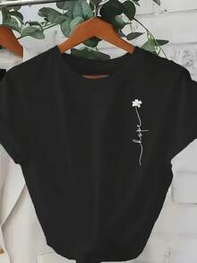 Camiseta de Moda para Mujer con Cuello Redondo - Estilo Vintage Urbano Unisex, Holgada, de Algodón, Manga Corta - Negro - Ver 7