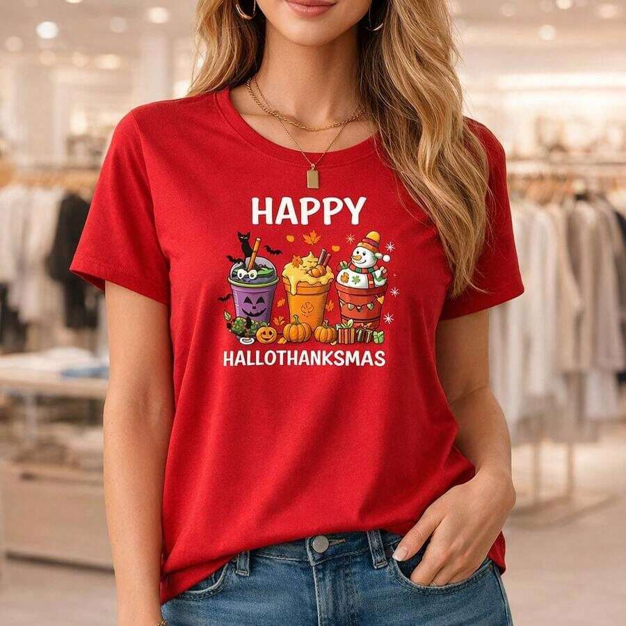 Camiseta de algodón con estampado Happy Hallothanksmas para mujer, talla grande, cuello redondo, manga corta, corte holgado, camiseta gráfica navideña para tallas M-5XL. Adecuada para primavera, verano y otoño. - Rojo - Ver 1